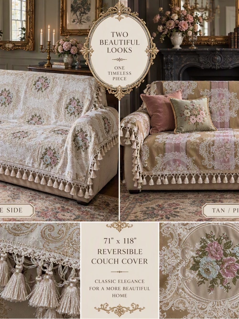 Reversible Floral Tassel Couch Cover White Cream Sand Pink tones